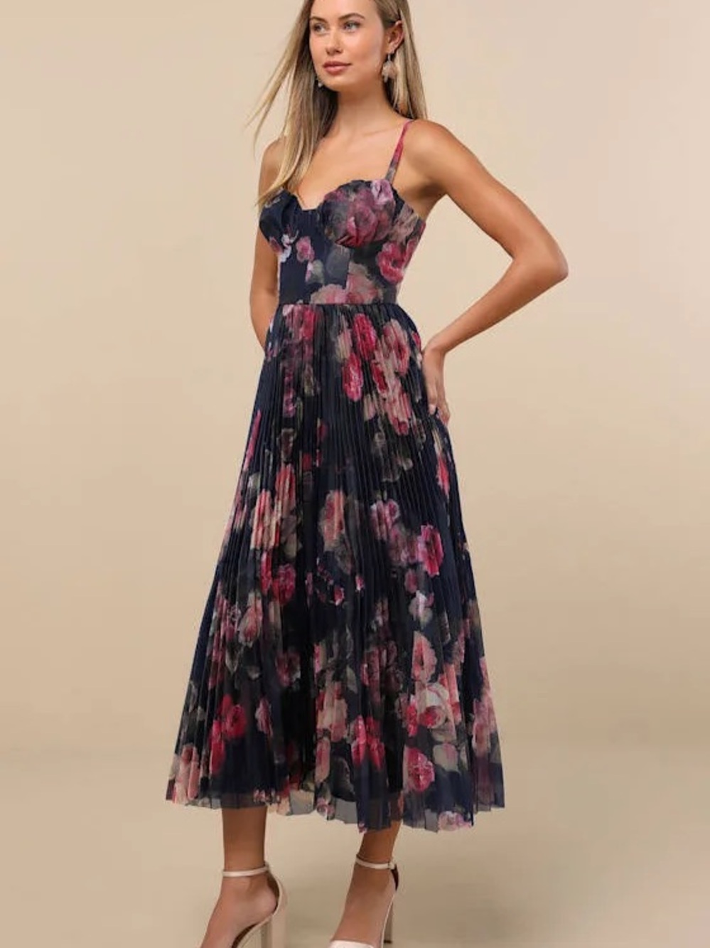 Lulus Floral Pleated Bustier Midi Dress